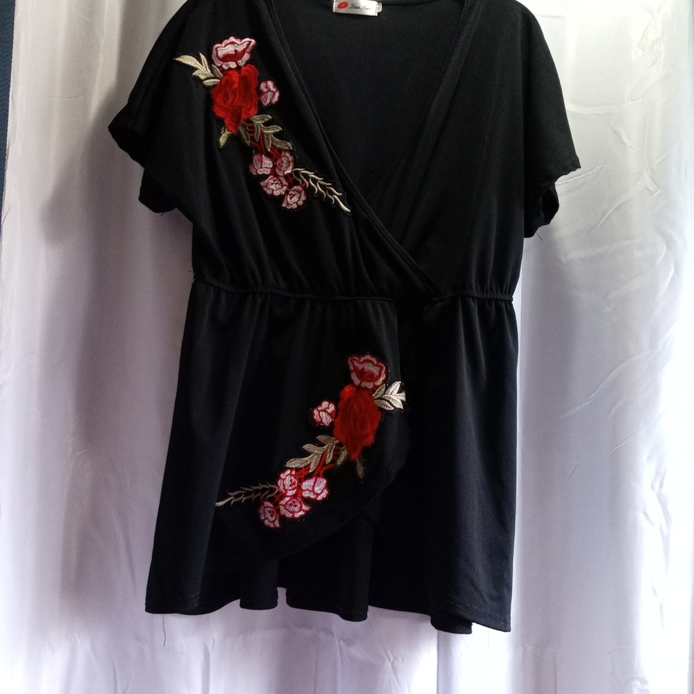 Black Top with Red Floral Embroidery